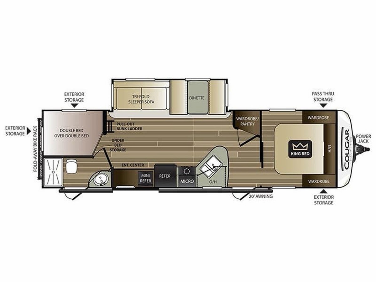 Cougar floor plan showing the front bedroom, slide-out sofa and dinette, kitchen, rear bunks and bathroom